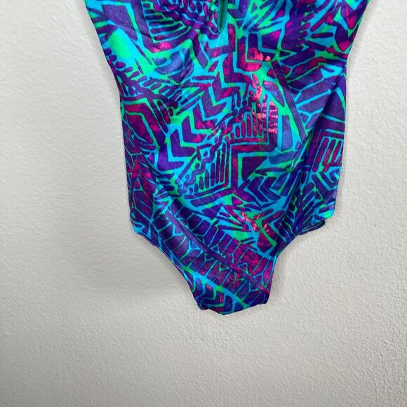 Vintage Maxine Of Hollywood One-Piece Blue Geometric V-Neck Swimsuit - Picture 5 of 9